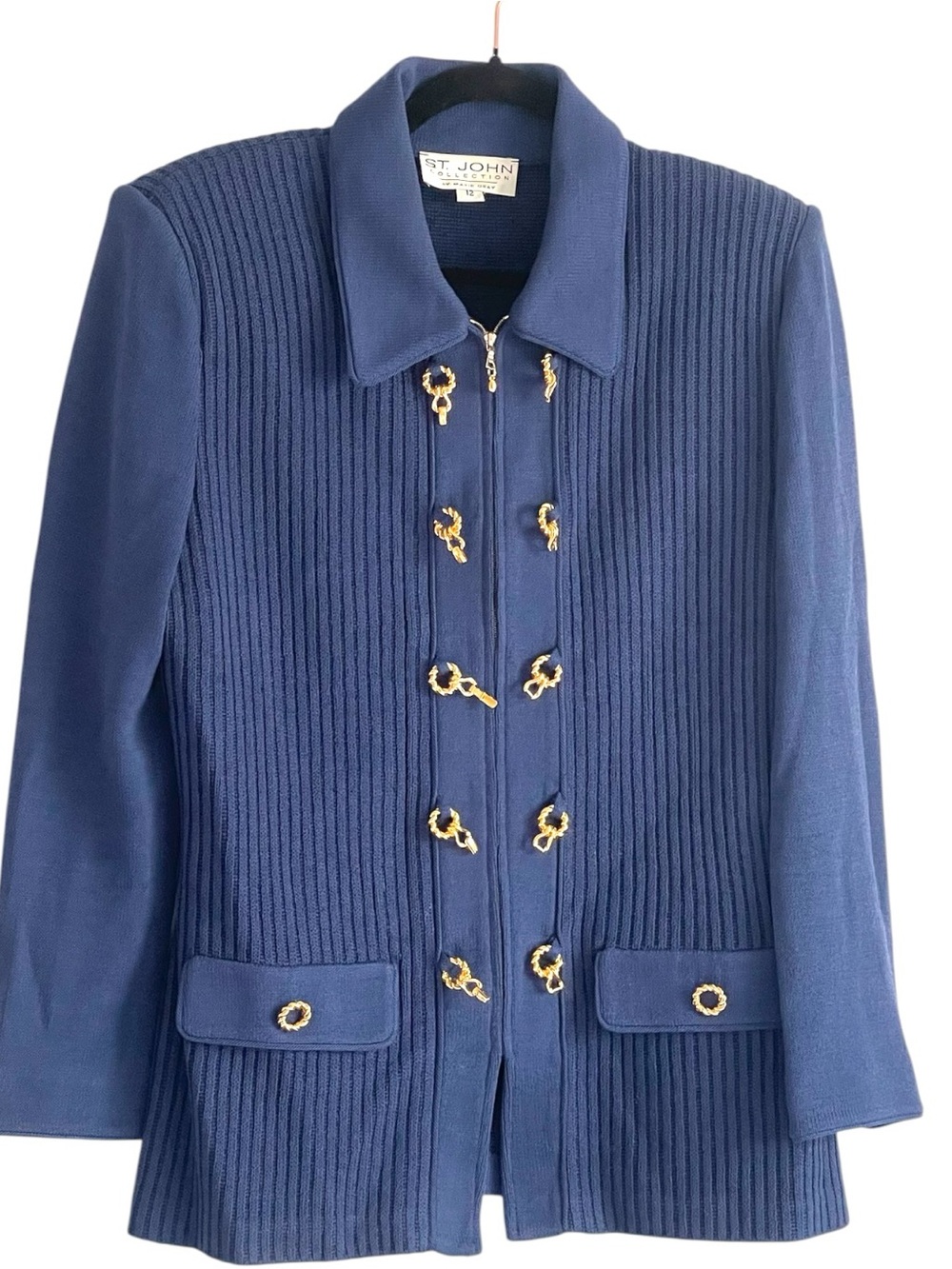 Vintage St John Collection Marie Gray Navy Knit Jacket Gold Hardware Sz 12 - Picture 2 of 5